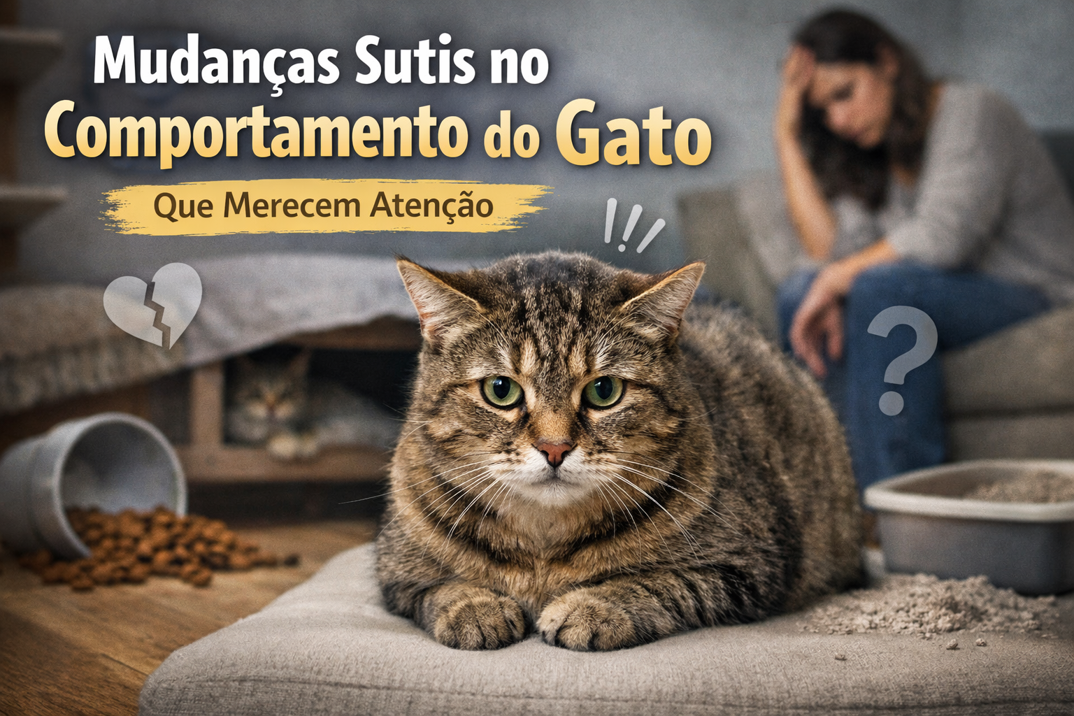 Mudanças sutis no comportamento do gato que merecem atenção, como alteração no apetite, caixa de areia e linguagem corporal