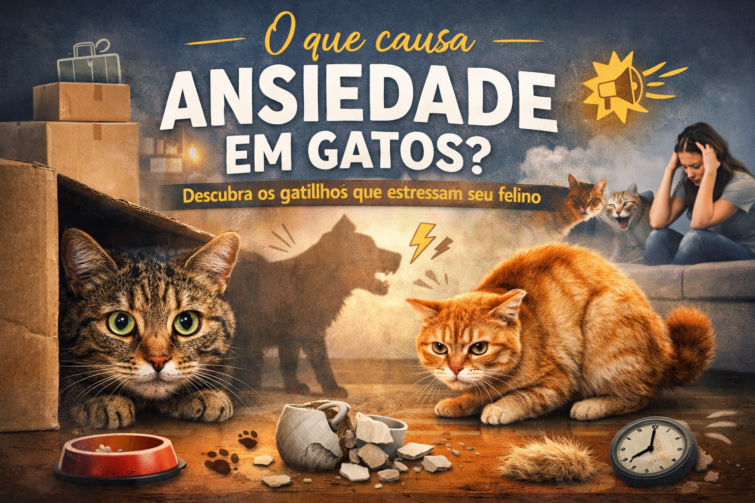 Gato sentado em ambiente interno olhando pela janela com expressão alerta, representando ansiedade e insegurança no ambiente doméstico.