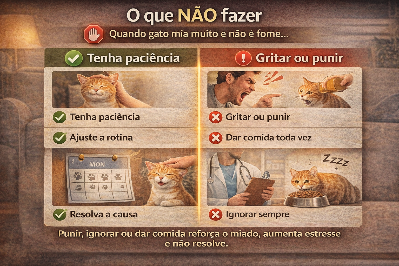 Checklist visual mostrando o que não fazer quando o gato mia muito e não é fome, com ações corretas e erros que aumentam o estresse