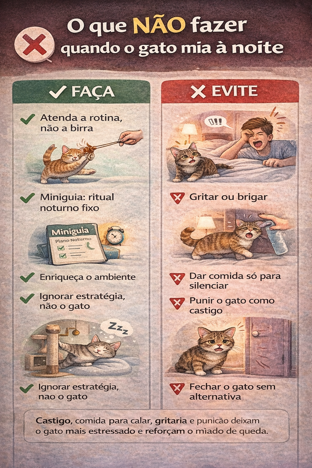 Checklist visual mostrando o que não fazer quando o gato mia ao dormir, com ações corretas e erros comuns que reforçam o miado noturno