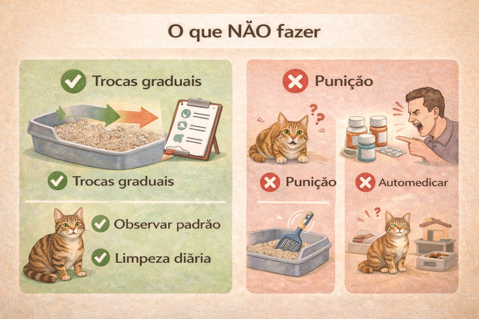 Checklist visual mostrando o que não fazer quando o gato miando depois de usar a caixa de areia, com ações corretas e erros comuns