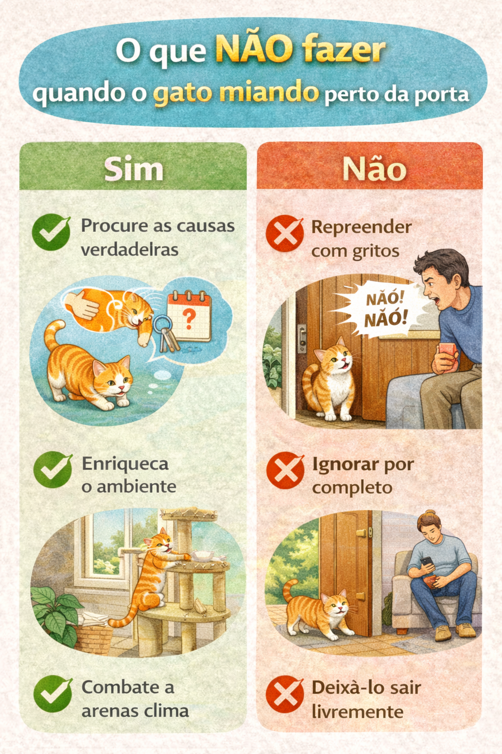 Checklist visual mostrando o que não fazer quando o gato miando perto da porta, com exemplos de atitudes que pioram o comportamento