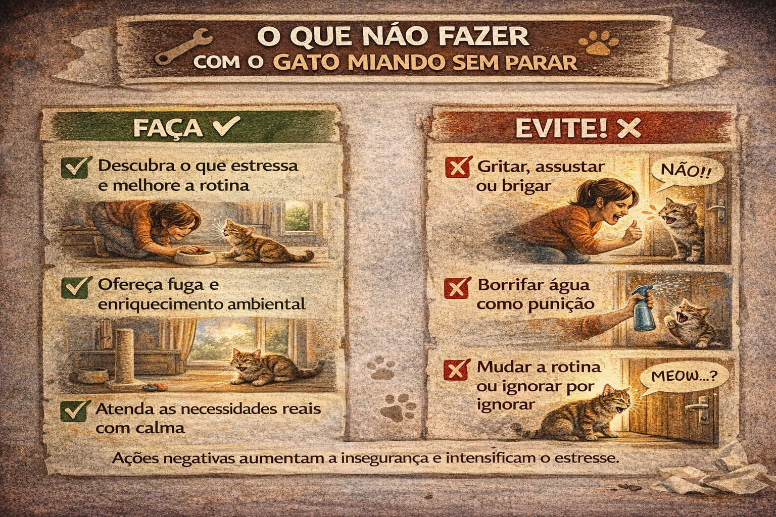 Checklist visual com o que fazer e o que não fazer quando o gato miando sem parar, mostrando atitudes corretas e erros que aumentam o estresse