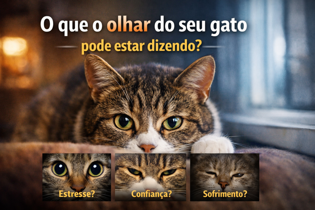 Olhar do gato com pupilas dilatadas demonstrando possível estresse, confiança ou sinal de sofrimento emocional