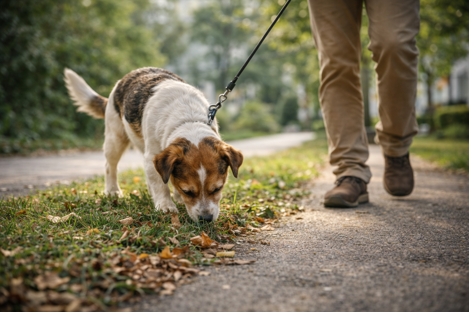Cachorro ansioso farejando durante passeio calmo com guia frouxa em ambiente urbano