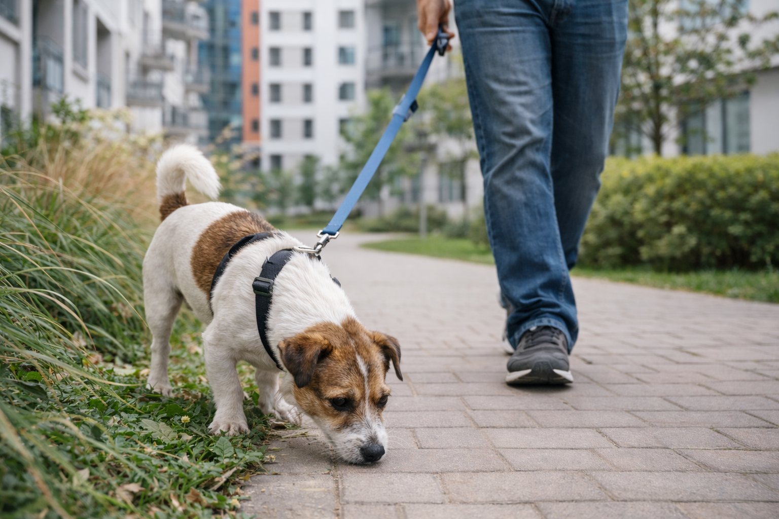 Passeio calmo com guia frouxa e cachorro ansioso farejando durante caminhada em apartamento