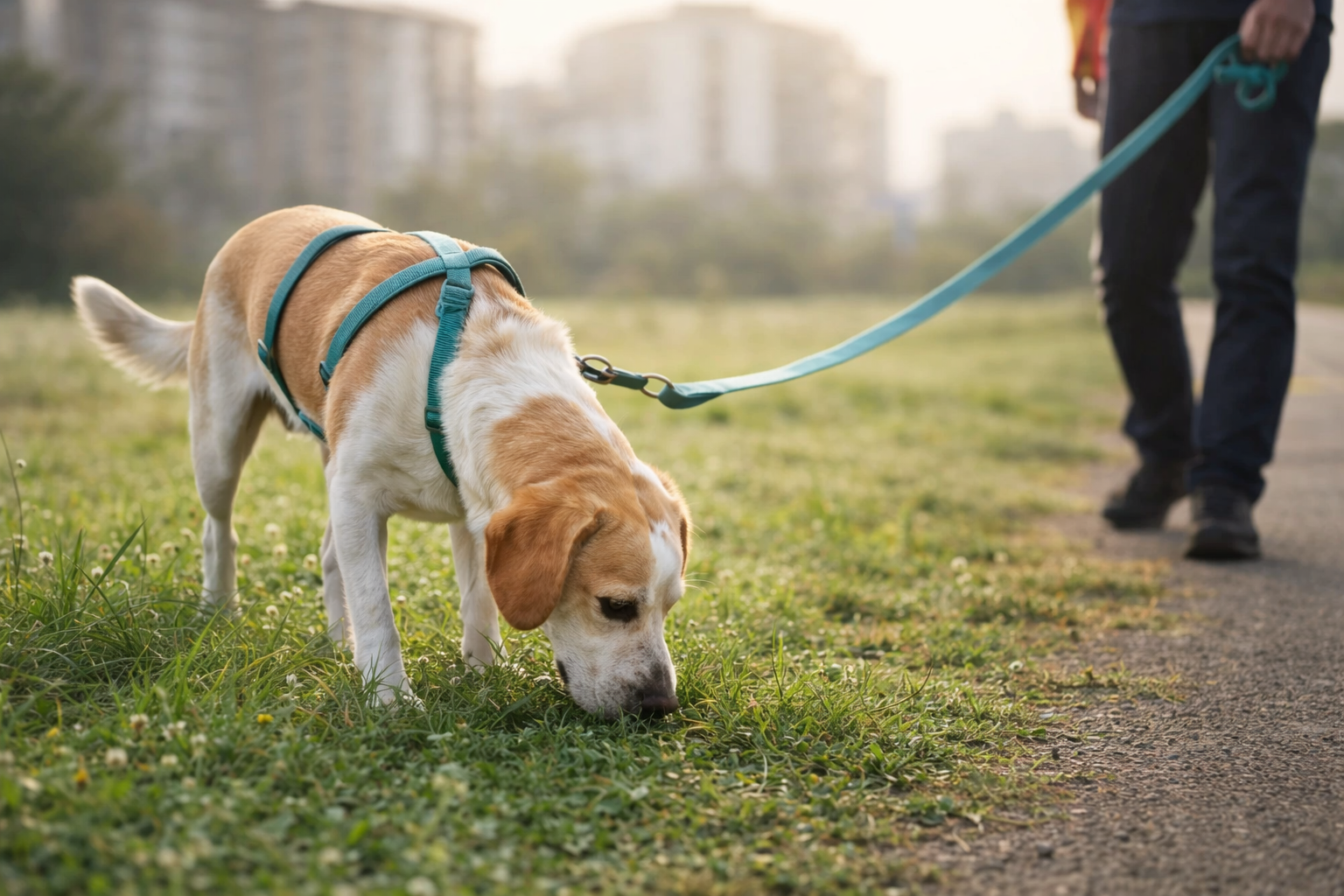 Cachorro ansioso farejando durante passeio calmo com guia frouxa em ambiente urbano