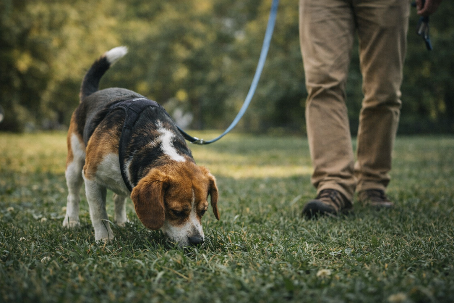 Cachorro farejando durante o passeio, atividade que ajuda a acalmar a ansiedade