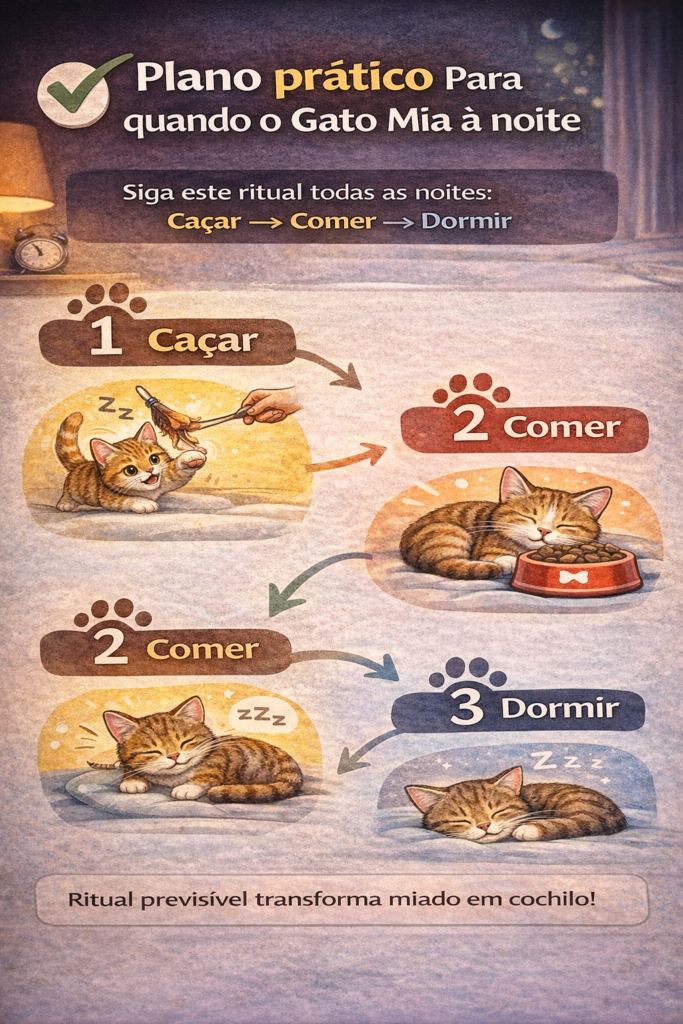 Diagrama visual com o plano prático para quando o gato mia ao dormir, mostrando o ritual caçar, comer e dormir passo a passo