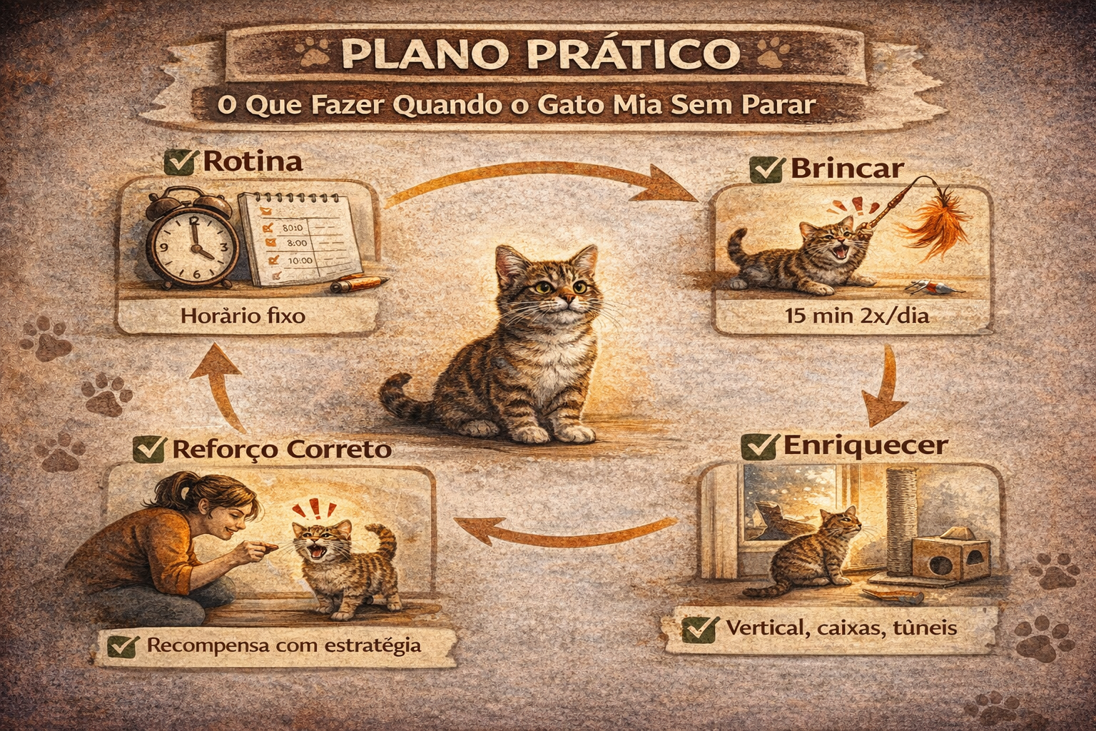 Diagrama com plano prático para reduzir gato miando sem parar, mostrando rotina, brincadeiras diárias, enriquecimento ambiental e reforço correto