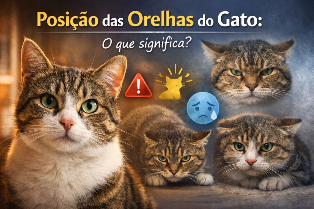 Posição das orelhas do gato indicando emoções como atenção, medo, estresse e irritação.