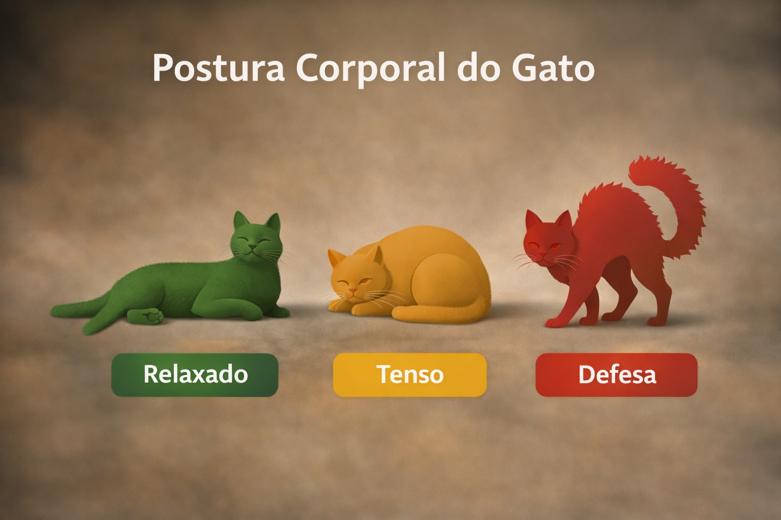 Postura corporal do gato mostrando relaxado, encolhido e arqueado como sinais na linguagem corporal do gato