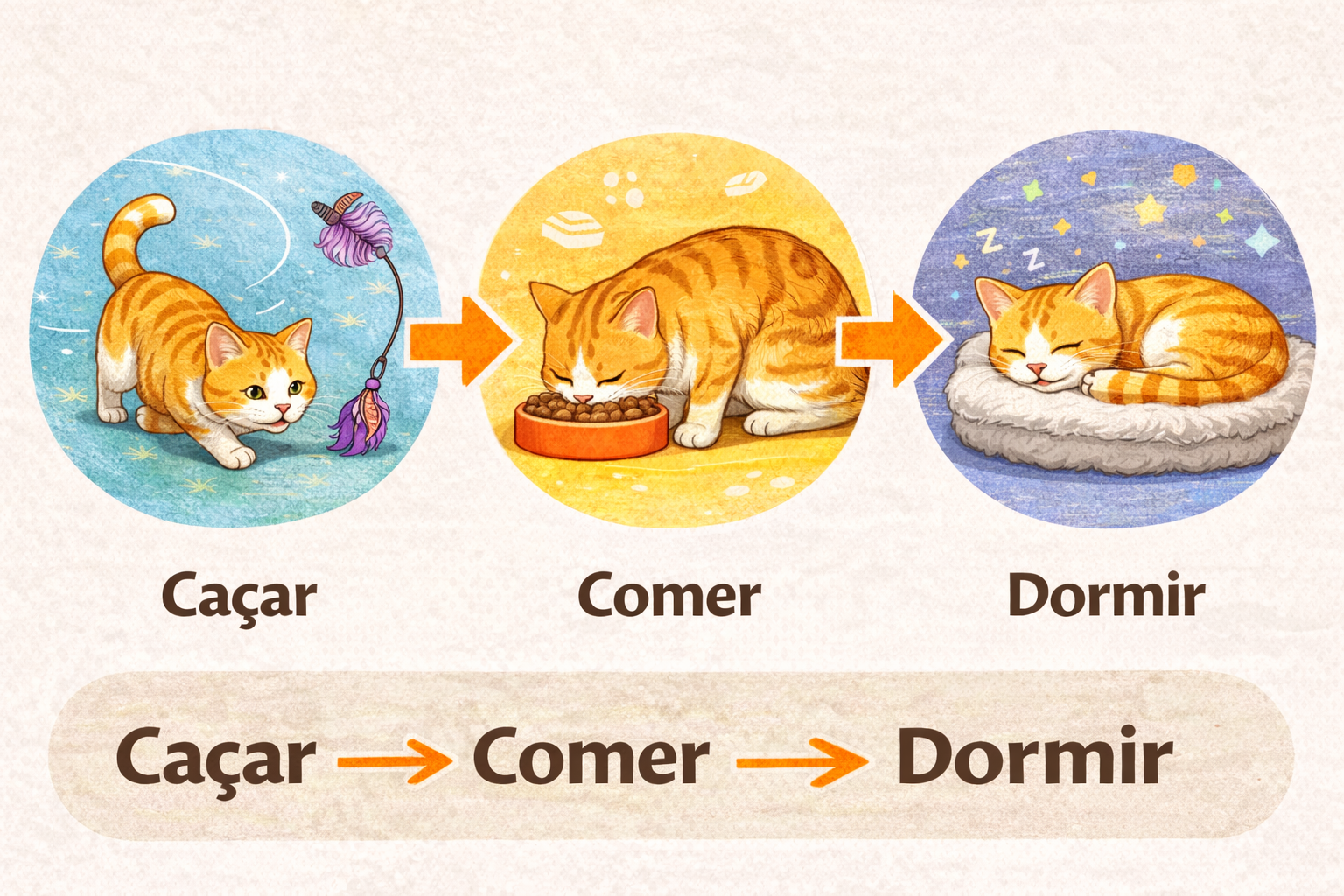 Diagrama visual da rotina Caçar, Comer e Dormir para gatos, mostrando como a sequência ajuda a reduzir o miado perto da porta