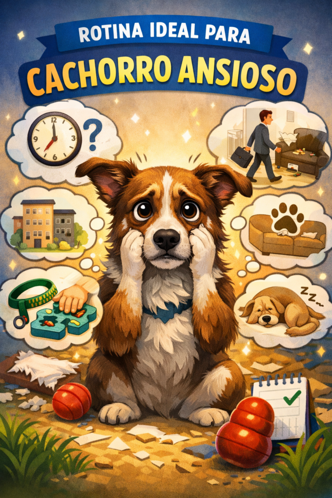 Ilustração de cachorro ansioso mostrando a importância de uma rotina diária estruturada para reduzir ansiedade