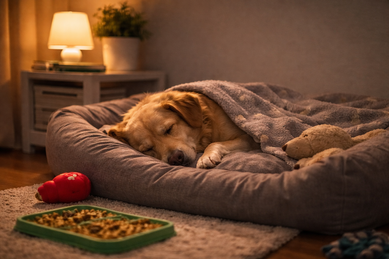 Cachorro ansioso relaxando à noite em caminha com luz baixa e ambiente calmo antes de dormir