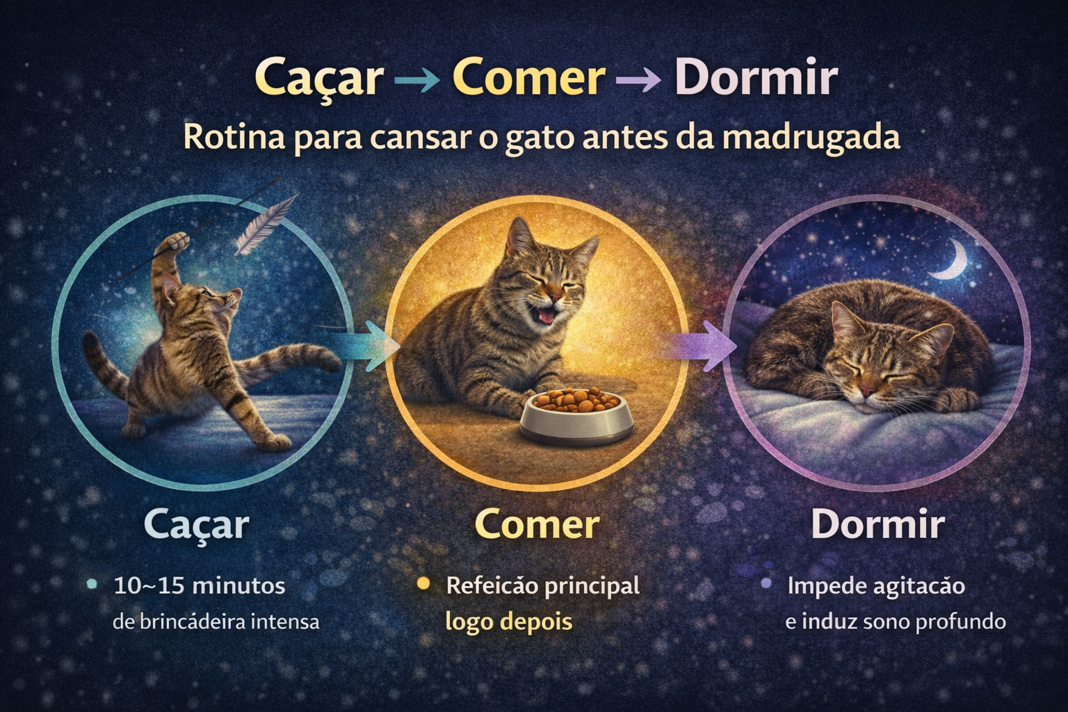 Diagrama em três etapas mostrando a rotina noturna do gato: caçar, comer e dormir para reduzir o miado de madrugada