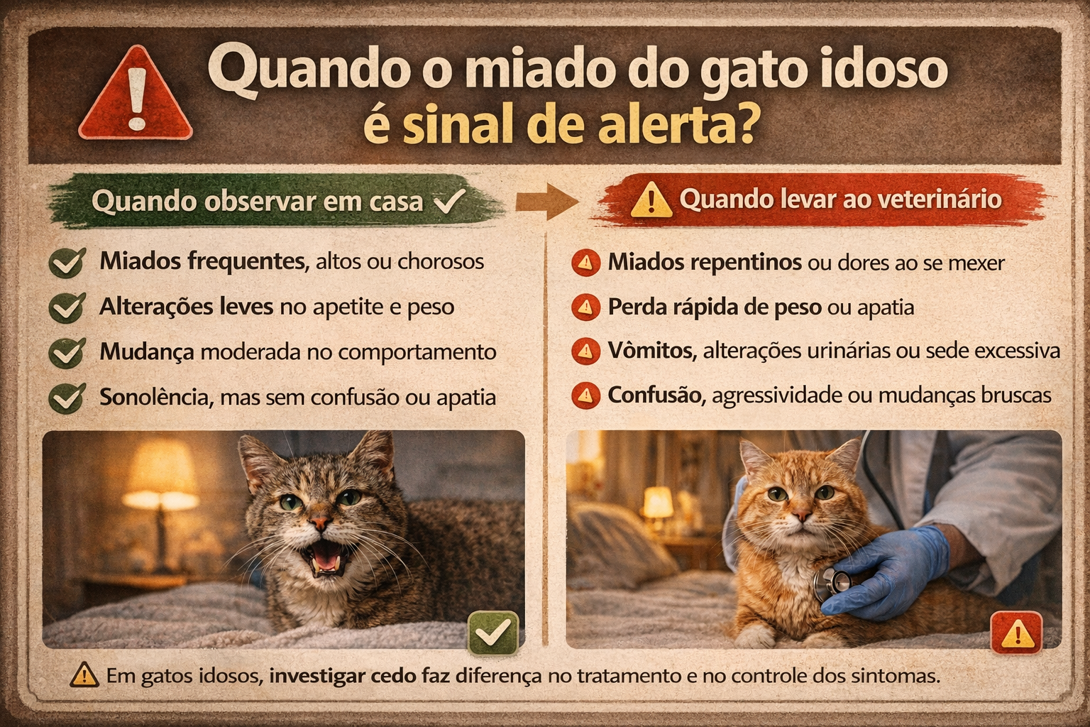 Checklist de sinais de alerta quando o gato idoso está miando muito e precisa de avaliação veterinária