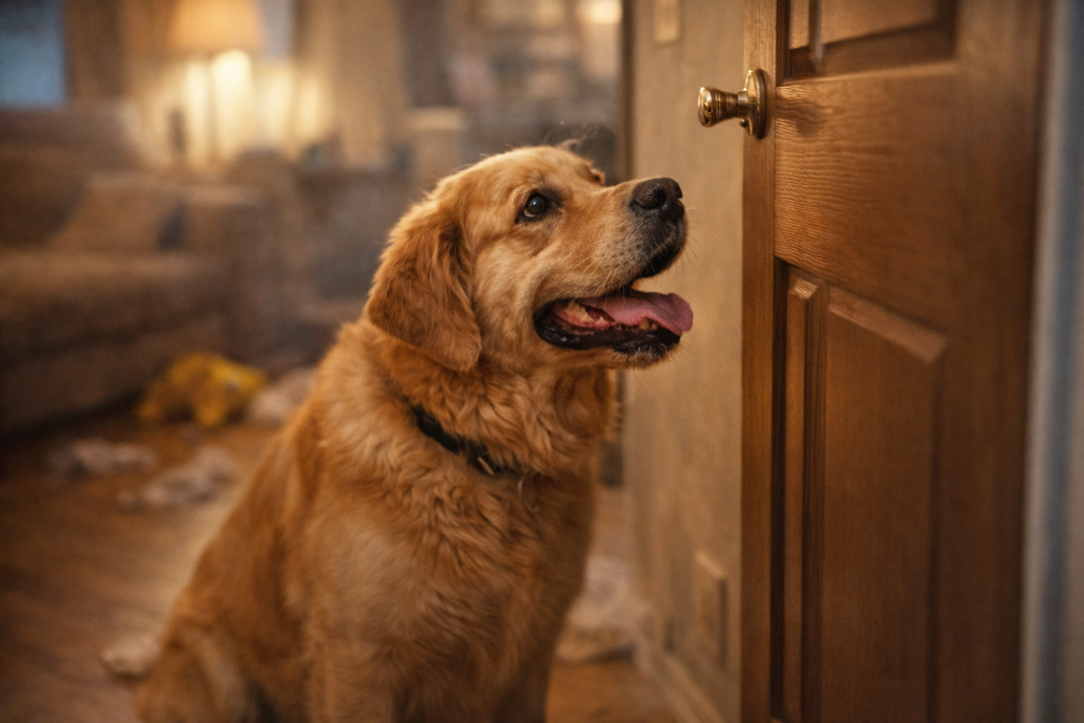 Cachorro com ansiedade de separação inquieto e ofegante esperando o tutor perto da porta