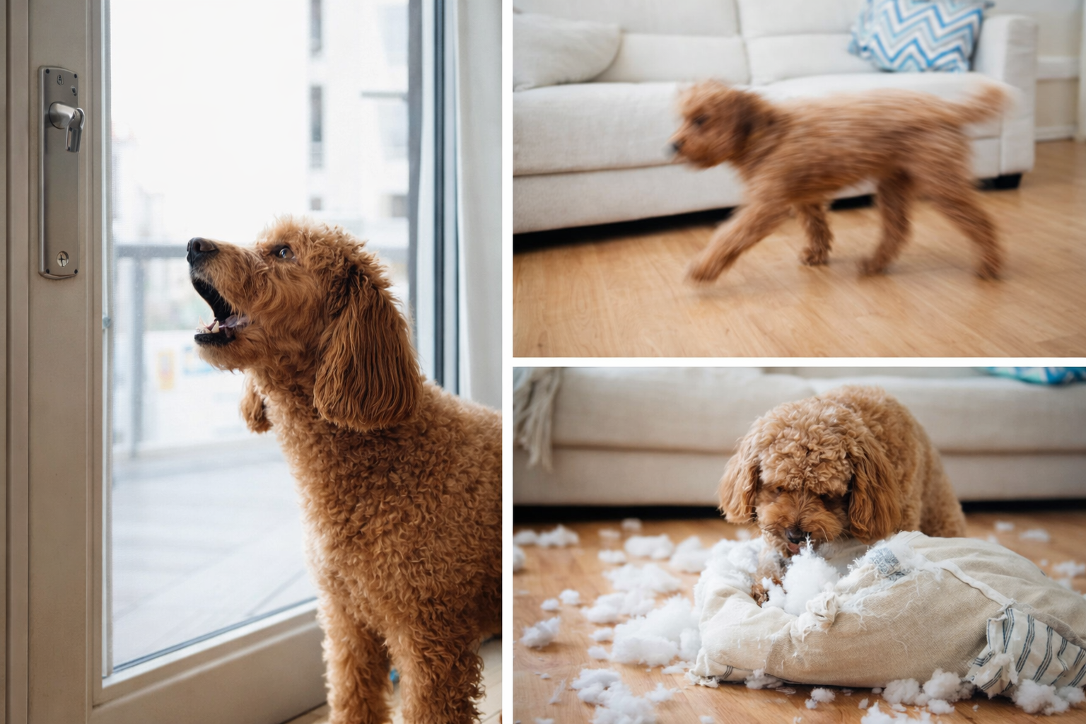 Sinais de cachorro ansioso em apartamento como latidos excessivos, agitação e destruição de objetos