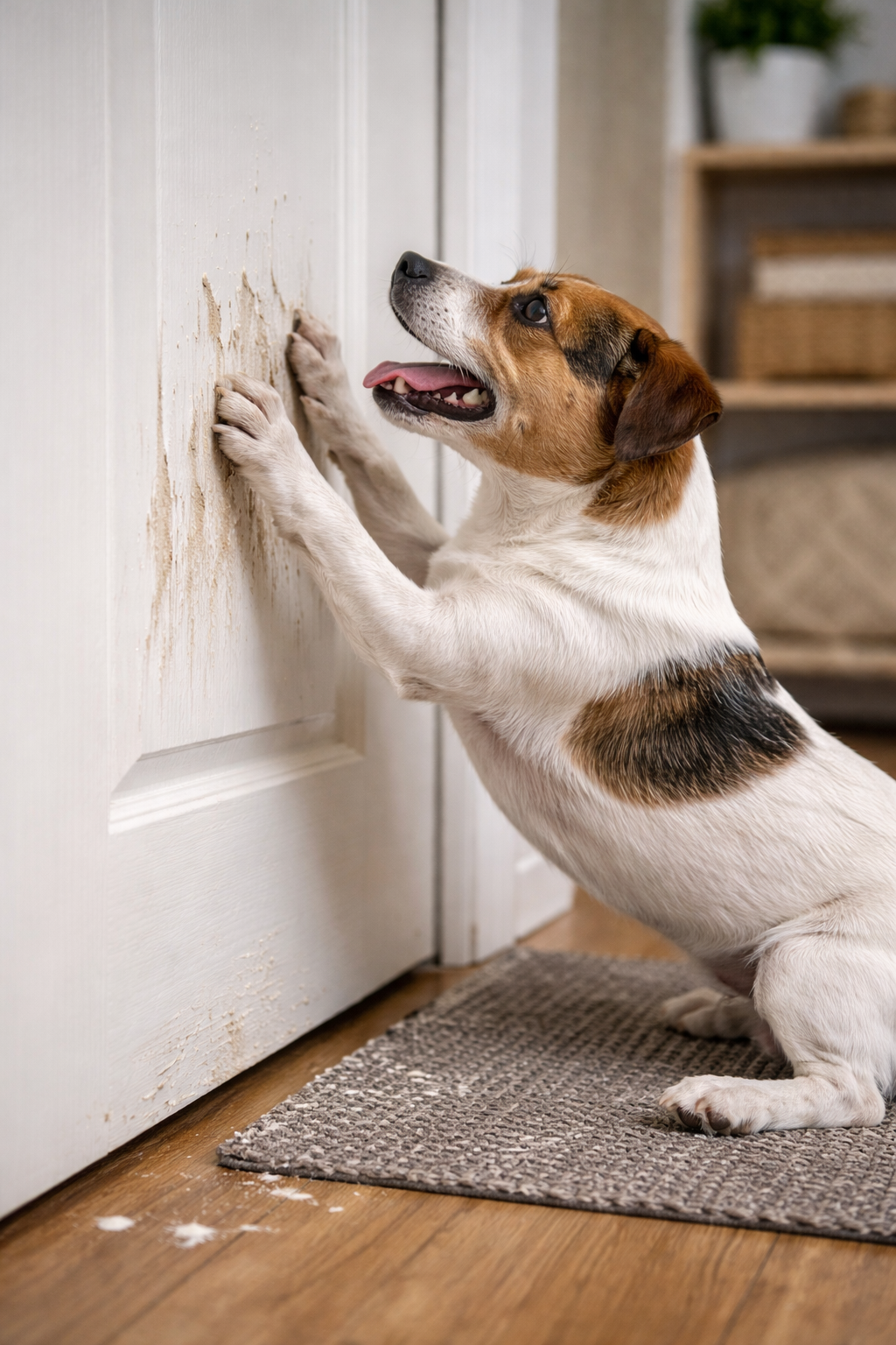 Cachorro ansioso arranhando a porta como sinal de ansiedade quando fica sozinho