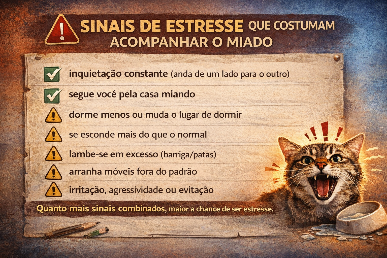 Checklist visual com sinais de estresse em gato miando sem parar, como inquietação, se esconder, mudança de sono e lambedura excessiva