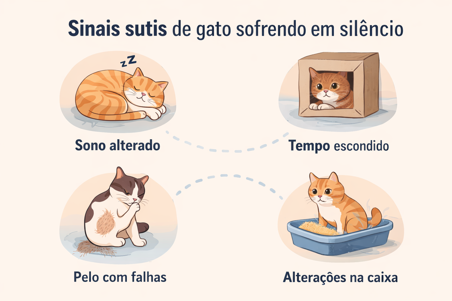 Ilustração com ícones representando sinais sutis de gato sofrendo em silêncio: mudança no sono, esconder-se com frequência, queda de pelo e alteração na caixa de areia.