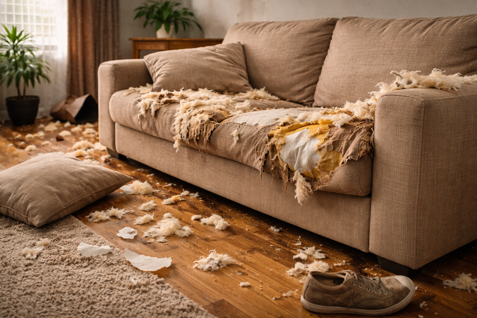 Sofá destruído dentro de casa por cachorro ansioso, sinal comum de comportamento destrutivo