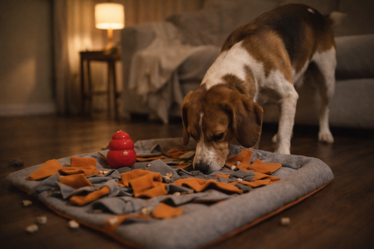 Cachorro ansioso farejando tapete olfativo em ambiente calmo à noite