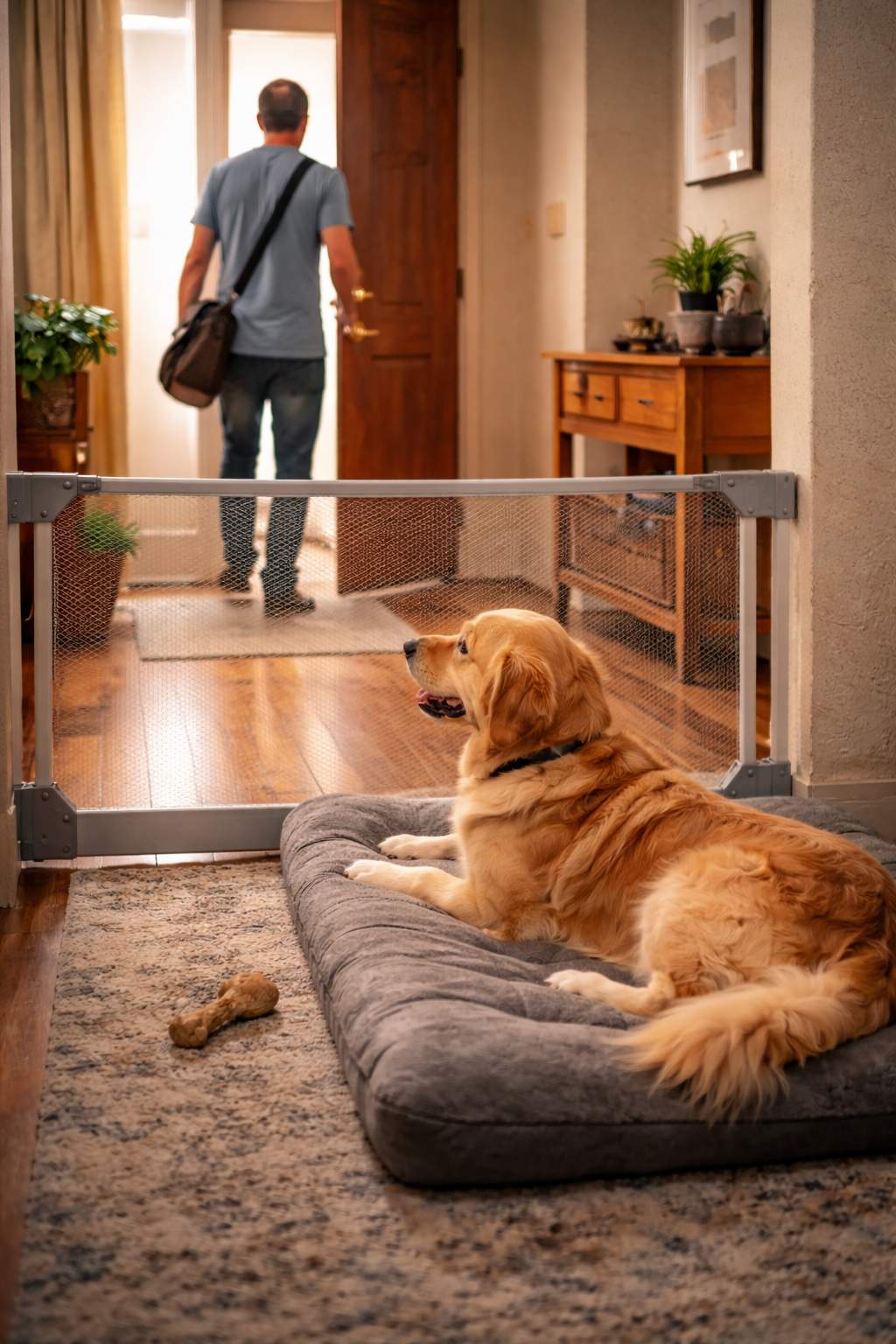 Treino de ausência gradual para ansiedade de separação em cachorro com tutor saindo calmamente e cão relaxado na caminha