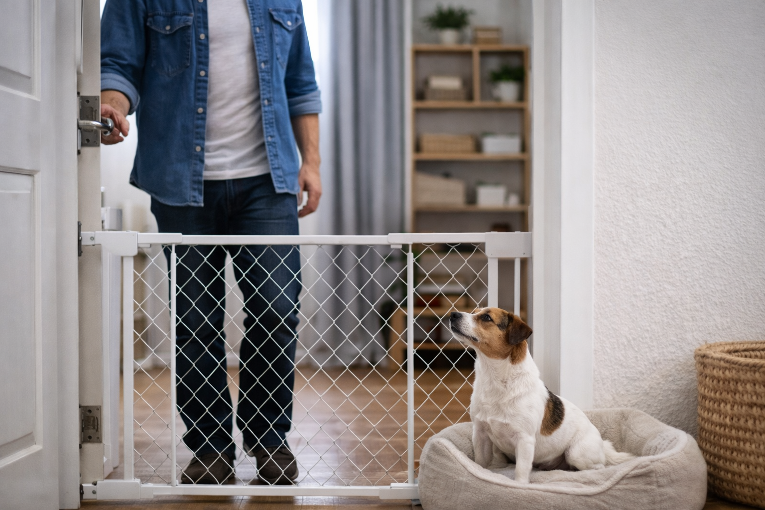 Treino de ausência gradual com cachorro ansioso em caminha atrás de baby gate enquanto tutor sai calmamente