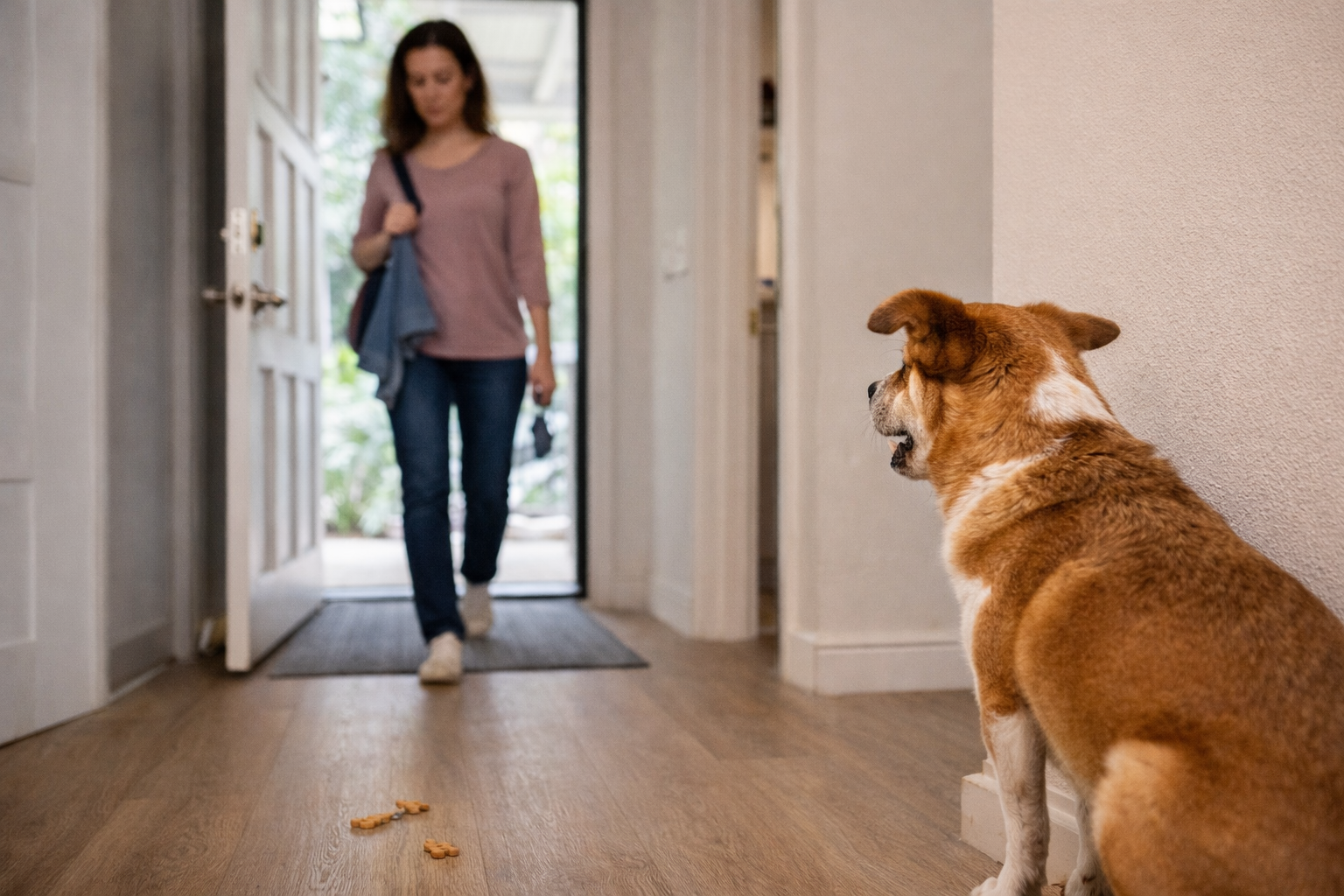 Visita entrando em casa sem contato visual enquanto o cachorro ansioso observa e um petisco é colocado no chão