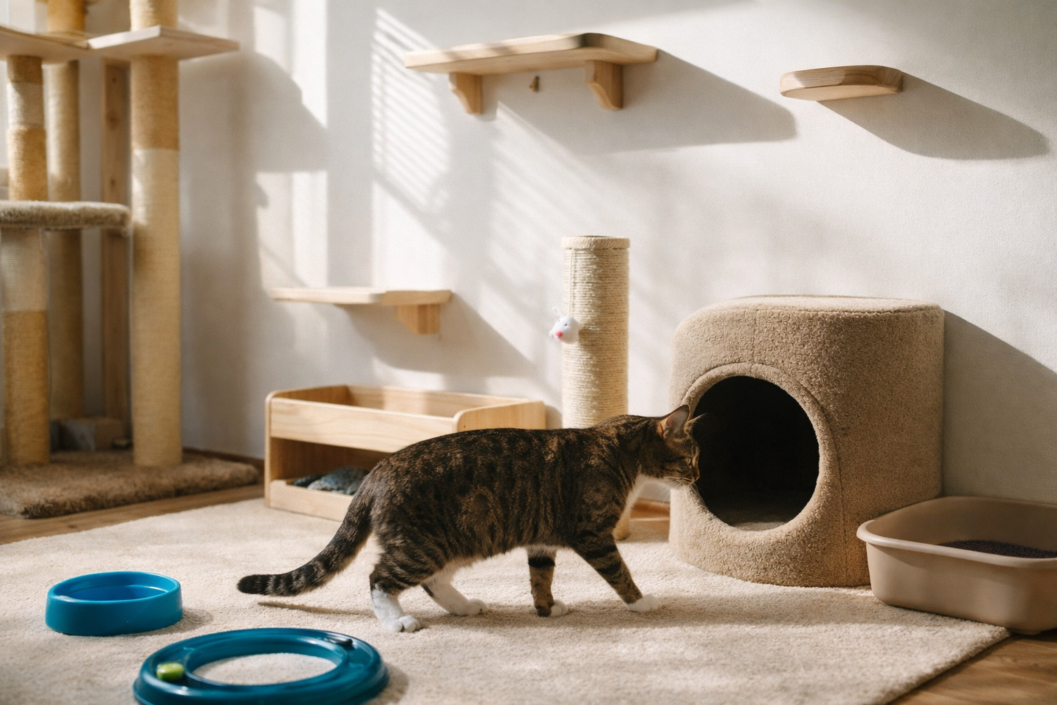 Gato explorando ambiente enriquecido com prateleiras, arranhador e toca, exemplo de como acalmar gato ansioso em apartamento pequeno.