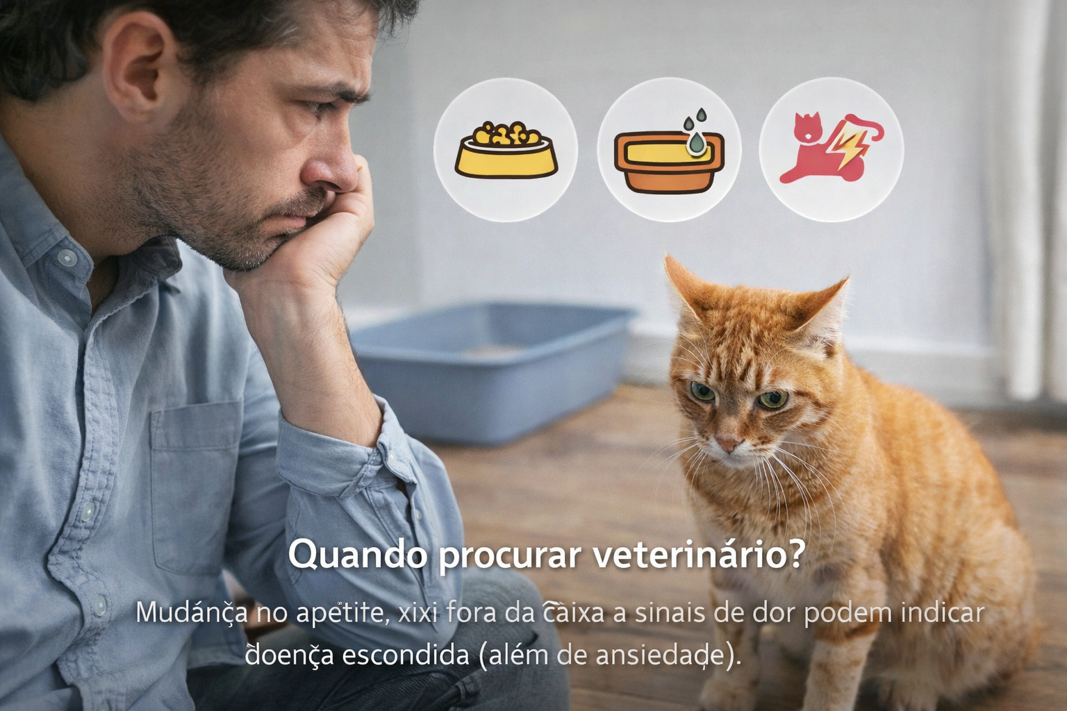 Tutor observando gato com postura tensa próximo à caixa de areia, ilustrando como diferenciar ansiedade felina de dor ou doença.