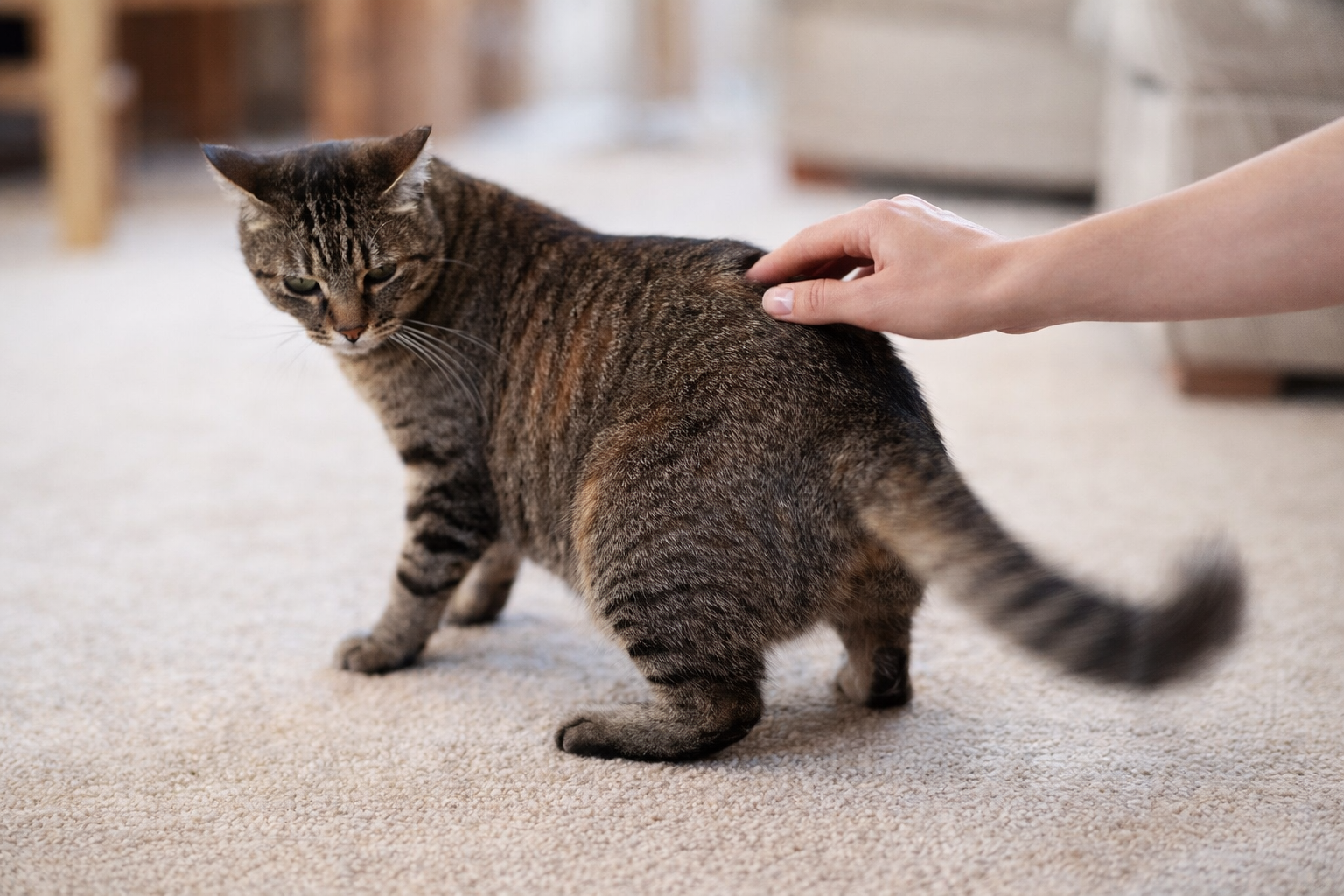 Gato recebendo carinho com cauda balançando de lado, sinal comum de tensão e irritação