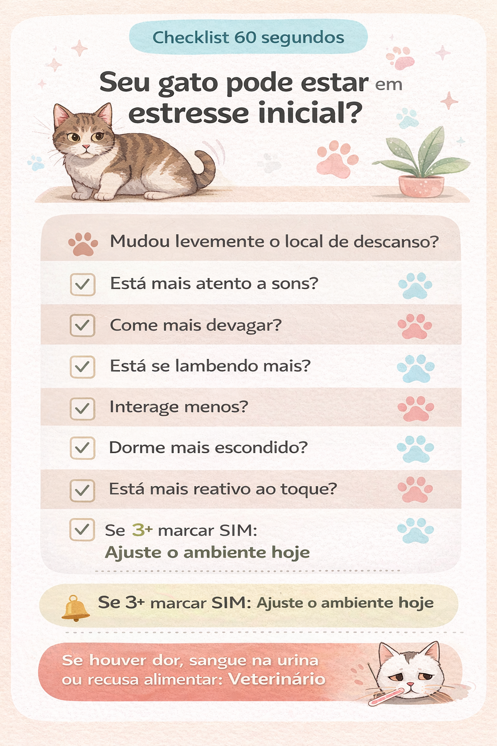 Checklist 60 segundos para identificar estresse em fase inicial no gato com 8 sinais comportamentais e orientação de quando procurar veterinário
