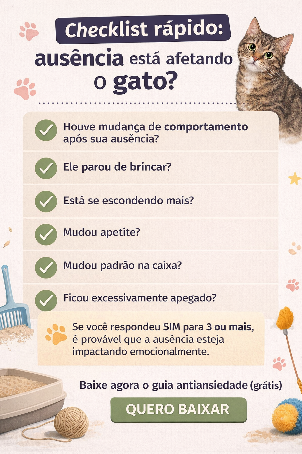 Checklist visual com sinais de ansiedade em gato indoor após ausência do tutor, incluindo mudança de comportamento, apetite e apego excessivo.
