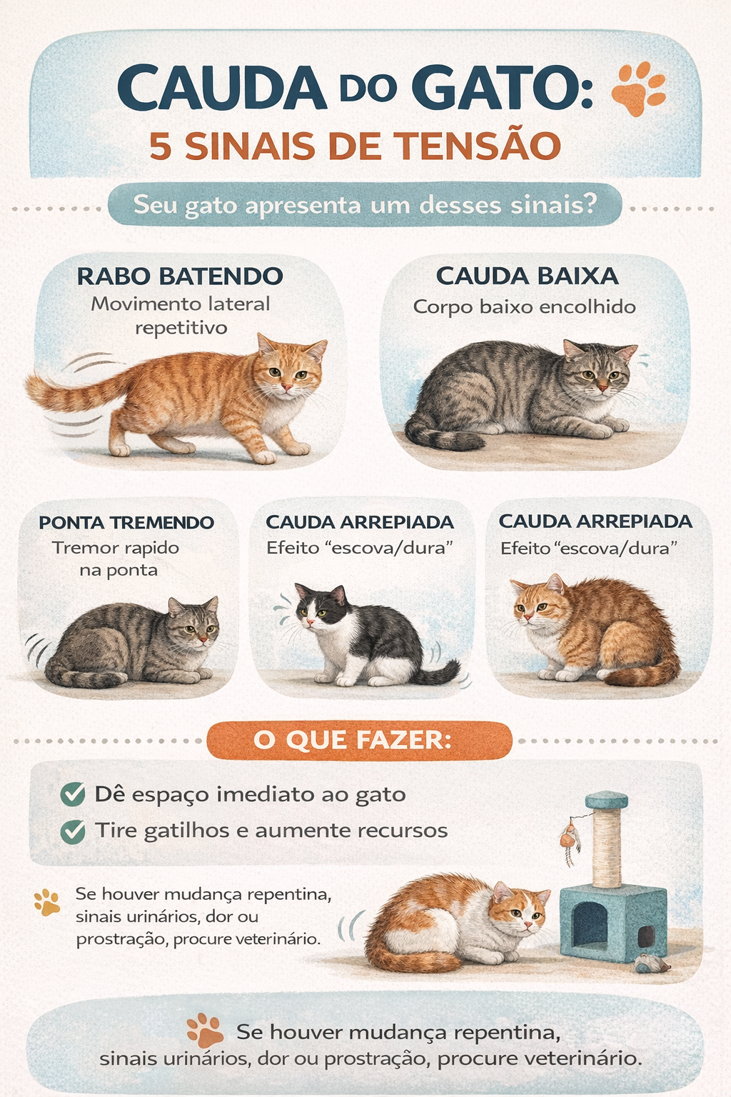Infográfico checklist mostrando 5 sinais de tensão na cauda do gato e o que fazer em cada situação