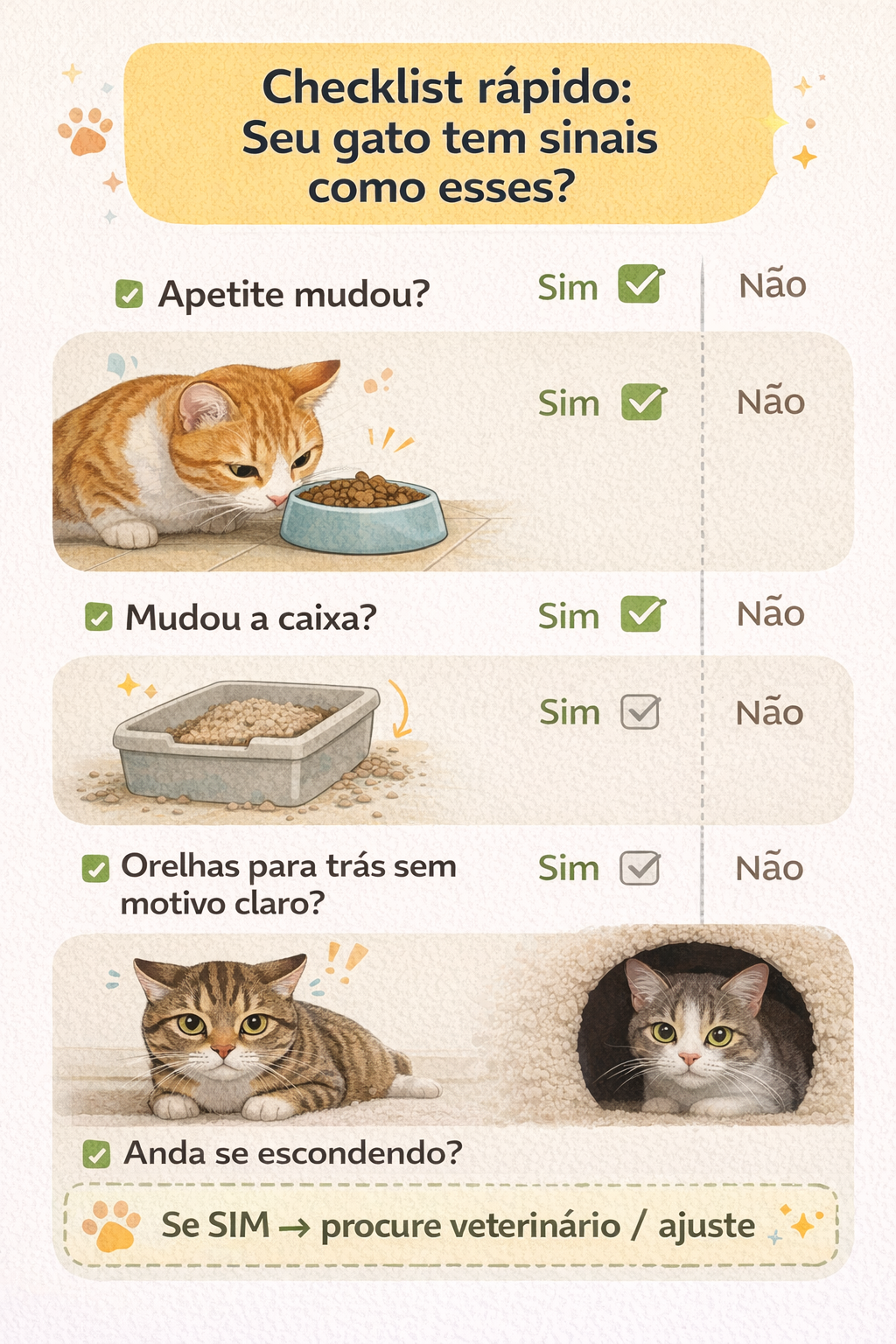 Checklist visual com sinais de alerta em gatos: apetite mudou, caixa de areia alterada, orelhas para trás sem motivo e comportamento de se esconder.