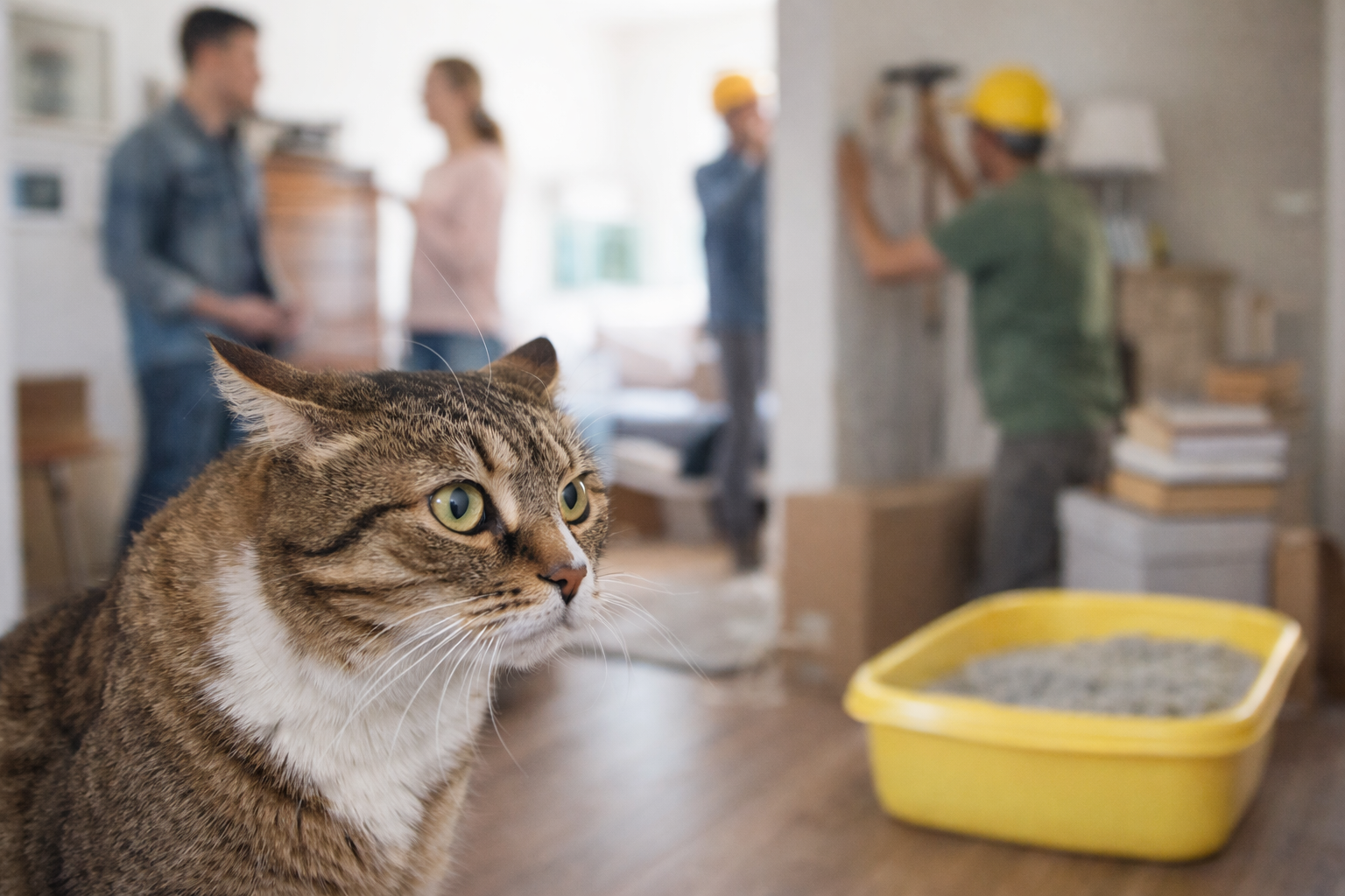 Gato atento com orelhas para trás em apartamento com obra e visitas ao fundo, ilustrando gatilhos de ansiedade felina em casa.