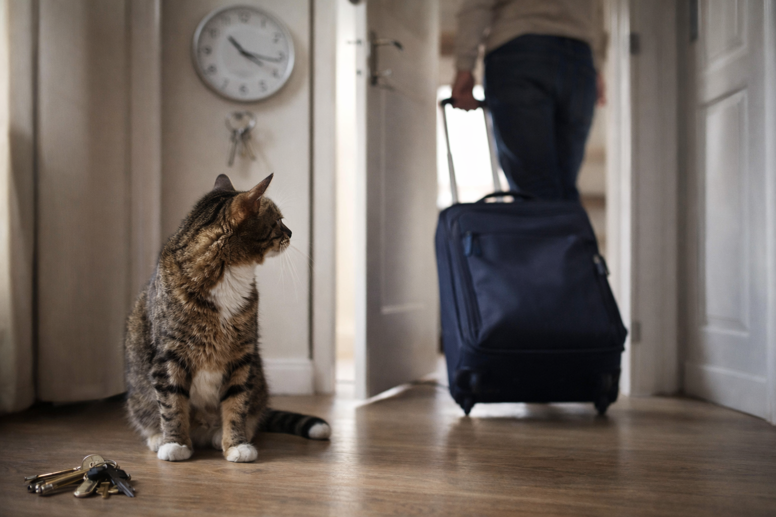 Gato sentado olhando para a porta enquanto tutor sai com mala e chaves, ilustrando ansiedade por ausência e quebra de rotina.