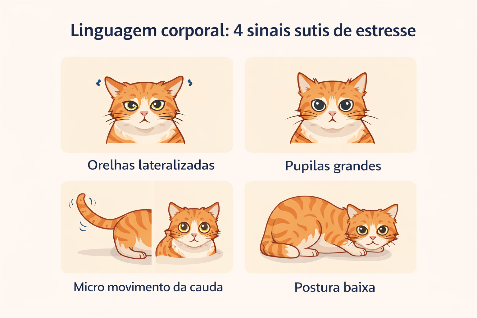Linguagem corporal do gato com 4 sinais sutis de estresse: orelhas lateralizadas, pupilas grandes, micro movimento da cauda e postura baixa