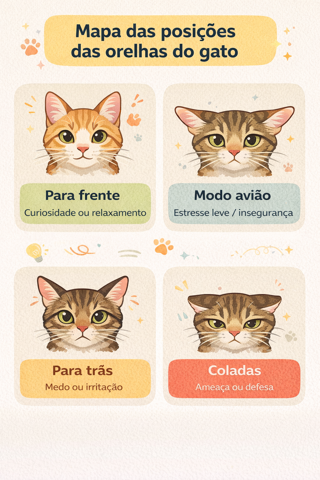 Mapa visual mostrando a posição das orelhas do gato: para frente, modo avião, para trás e coladas, com seus significados emocionais.