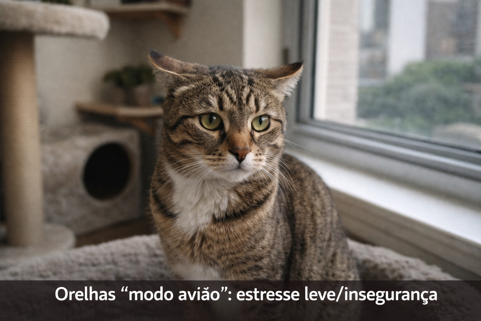 Gato em apartamento com orelhas lateralizadas em “modo avião”, indicando estresse leve ou insegurança.