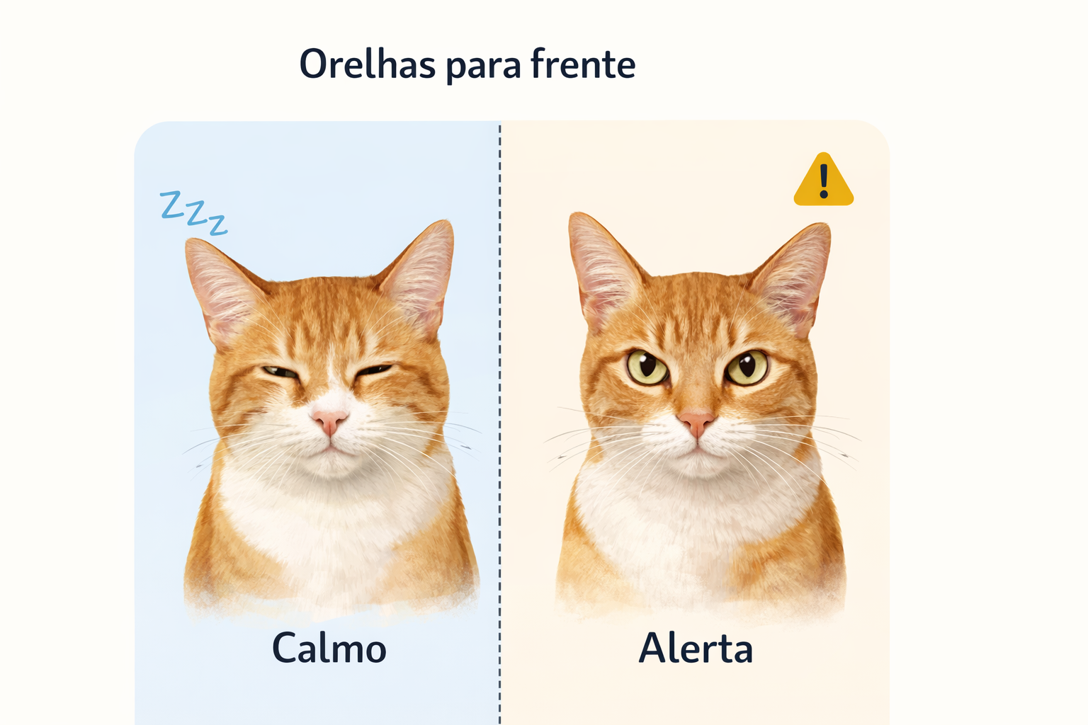 Comparação da posição das orelhas do gato para frente: à esquerda gato relaxado, à direita gato em estado de alerta.