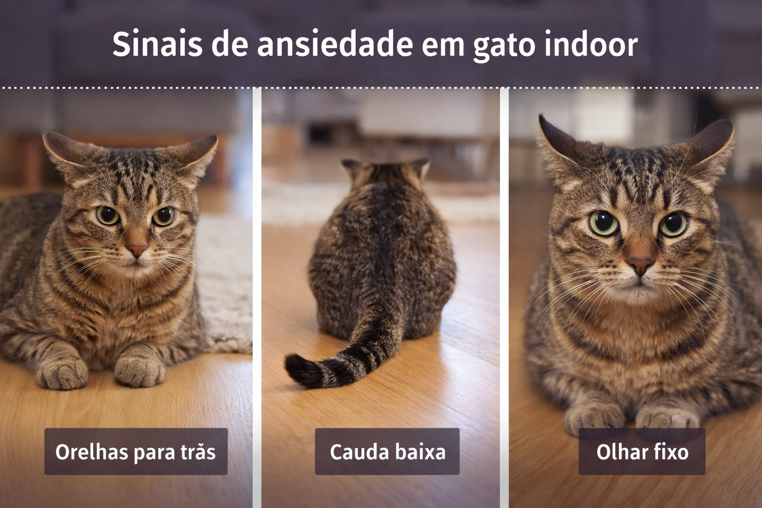 Gato indoor com orelhas para trás, cauda baixa e olhar fixo, mostrando sinais de ansiedade na linguagem corporal felina.